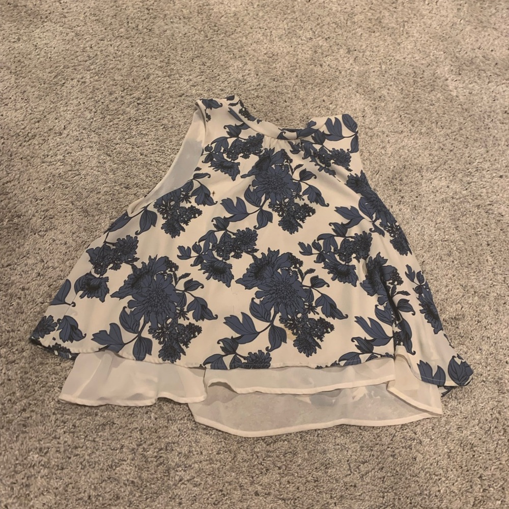 Floral Sleeveless Top in Blue and White